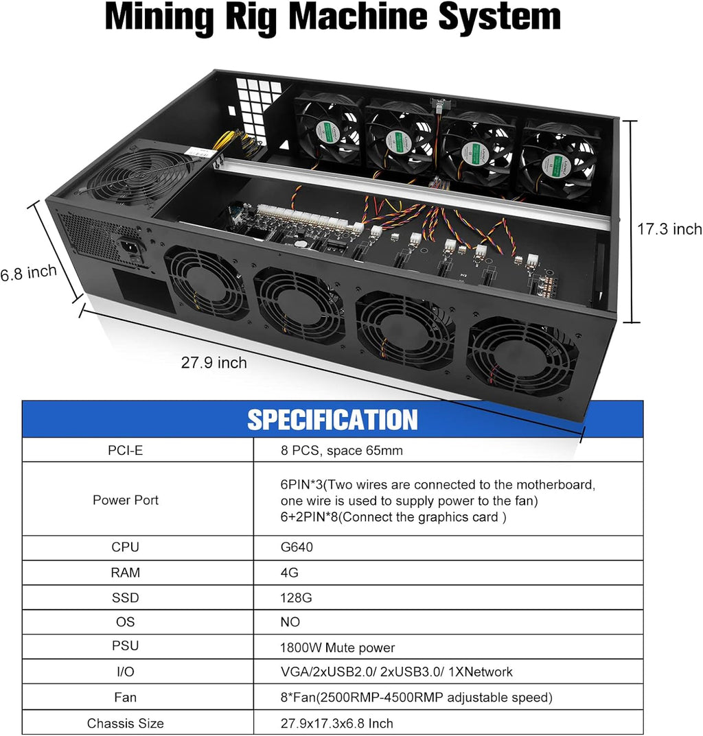 8 GPU Mining Rig Frame Case with 1800W/2800W Power Supply, Motherboard, CPU, RAM, SSD, 8 Adjustable Speed Fans N747810