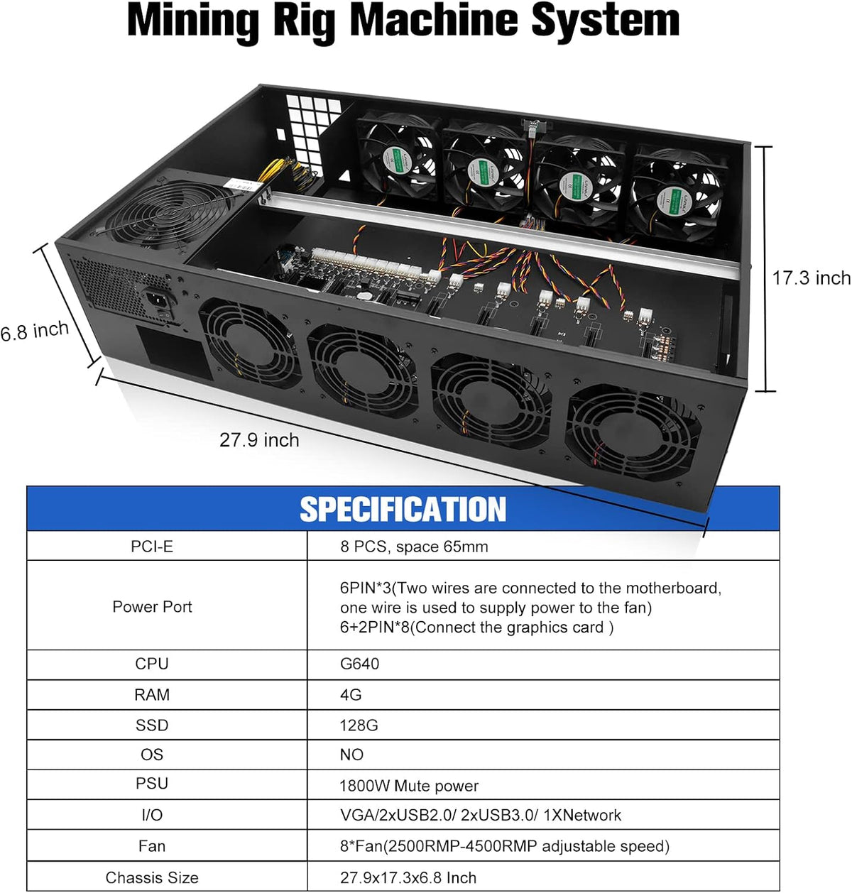 8 GPU Mining Rig Frame Case with 1800W/2800W Power Supply, Motherboard, CPU, RAM, SSD, 8 Adjustable Speed Fans N747810