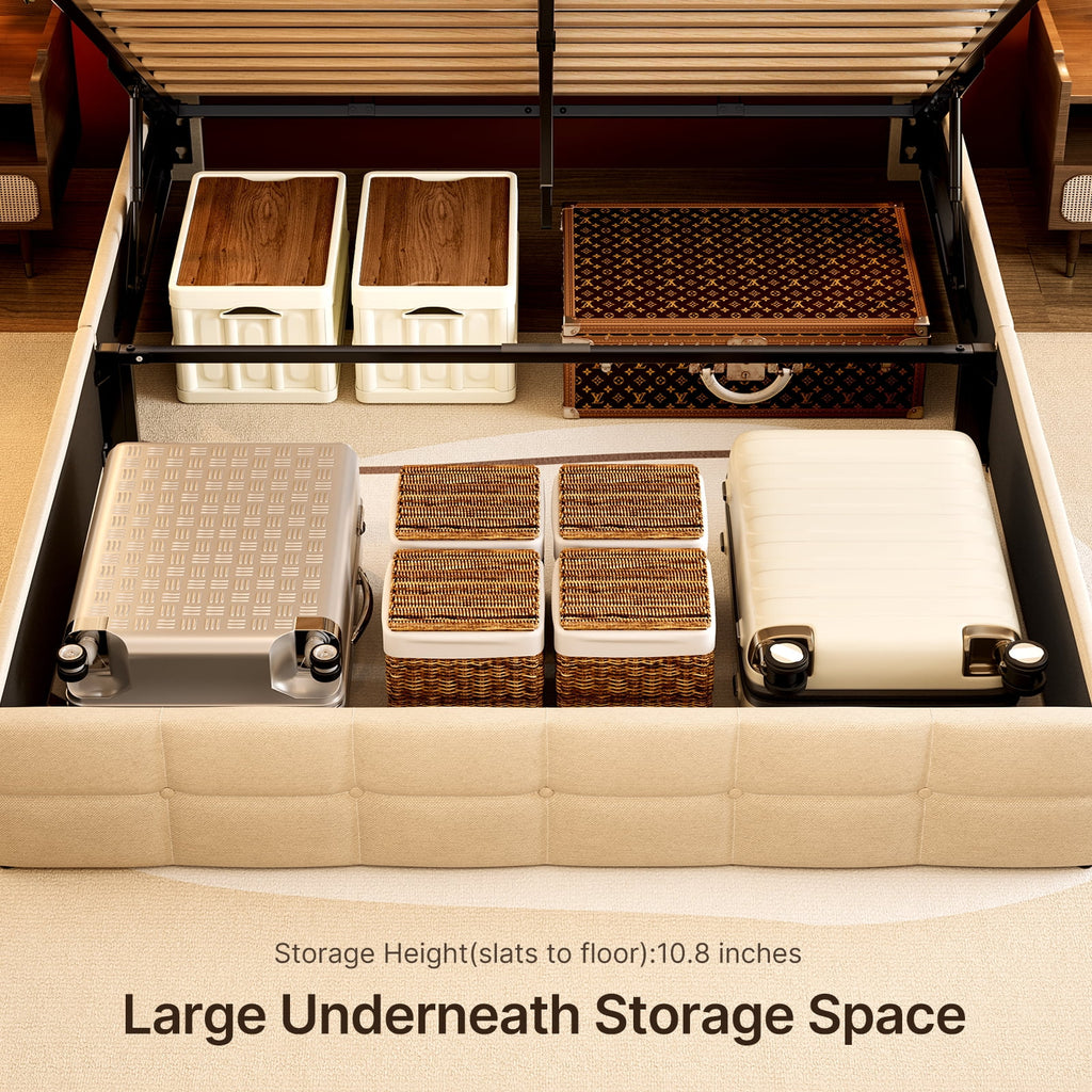 Beige Full Size Hydraulic Storage Bed Frame with Wingback Headboard D581581