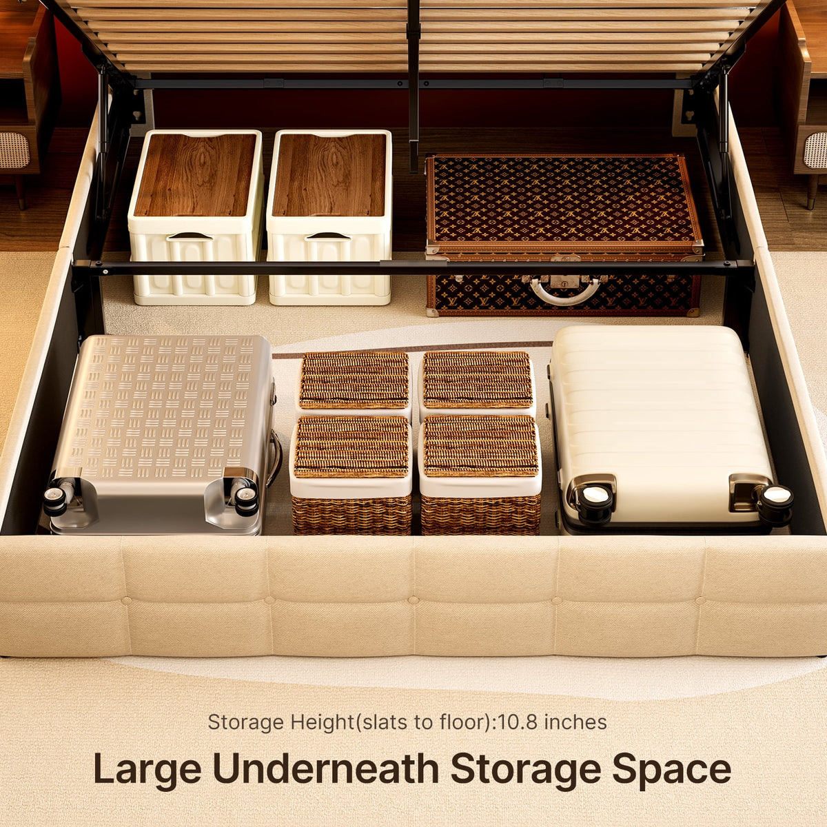 Beige Full Size Hydraulic Storage Bed Frame with Wingback Headboard D581581