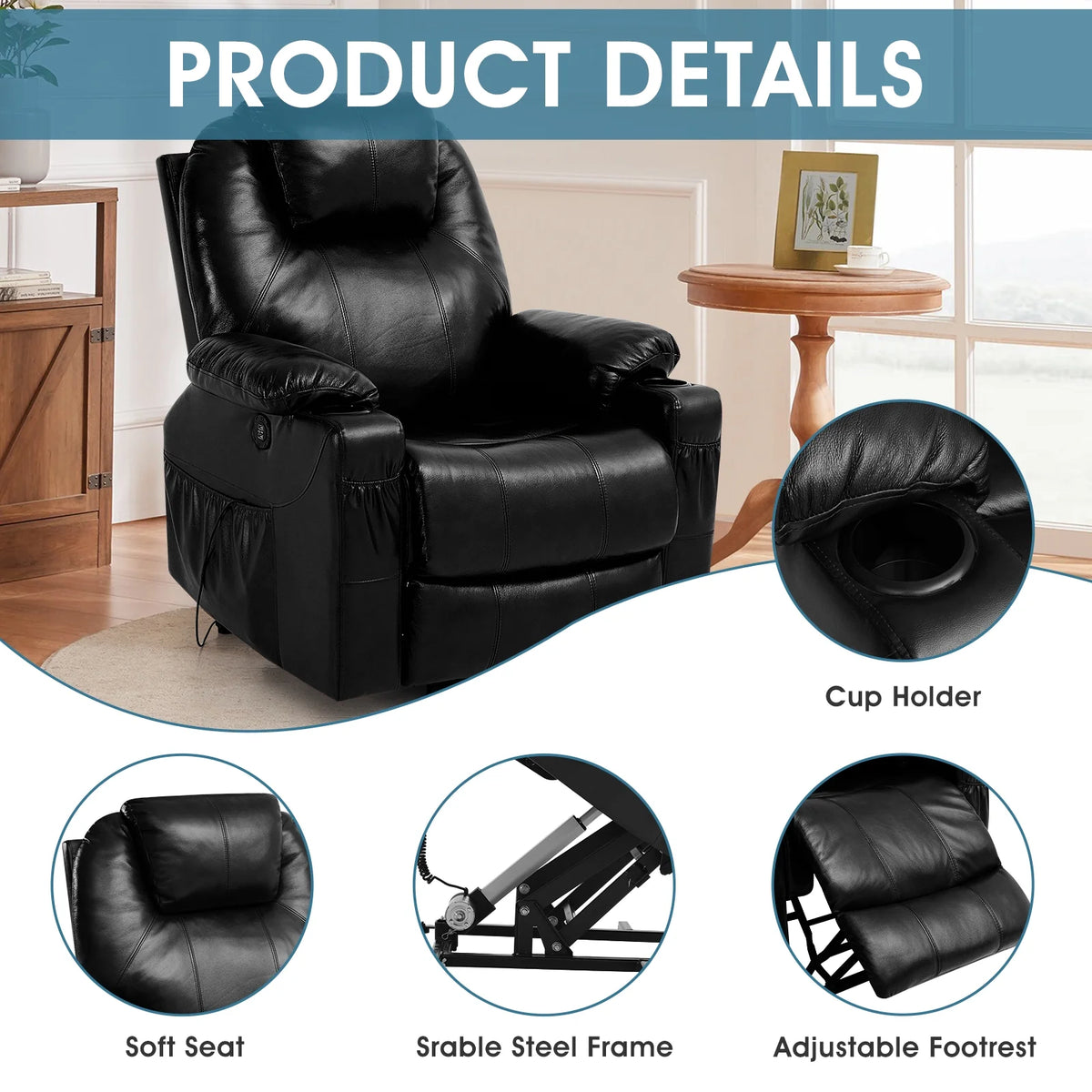 Large Power Lift Recliner Chair with Massage and Heating W954