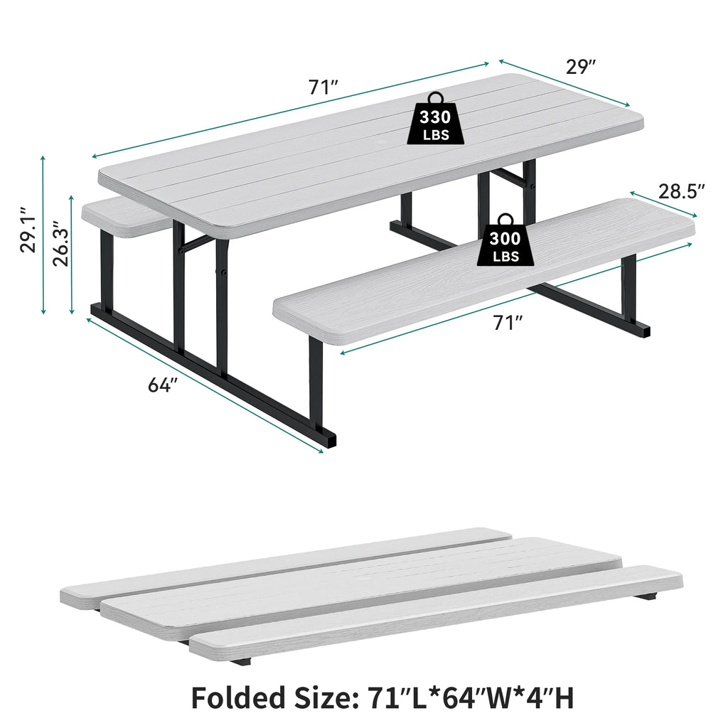 6ft Folding Picnic Table and Bench with Resin Tabletop Steel Frame White H9338