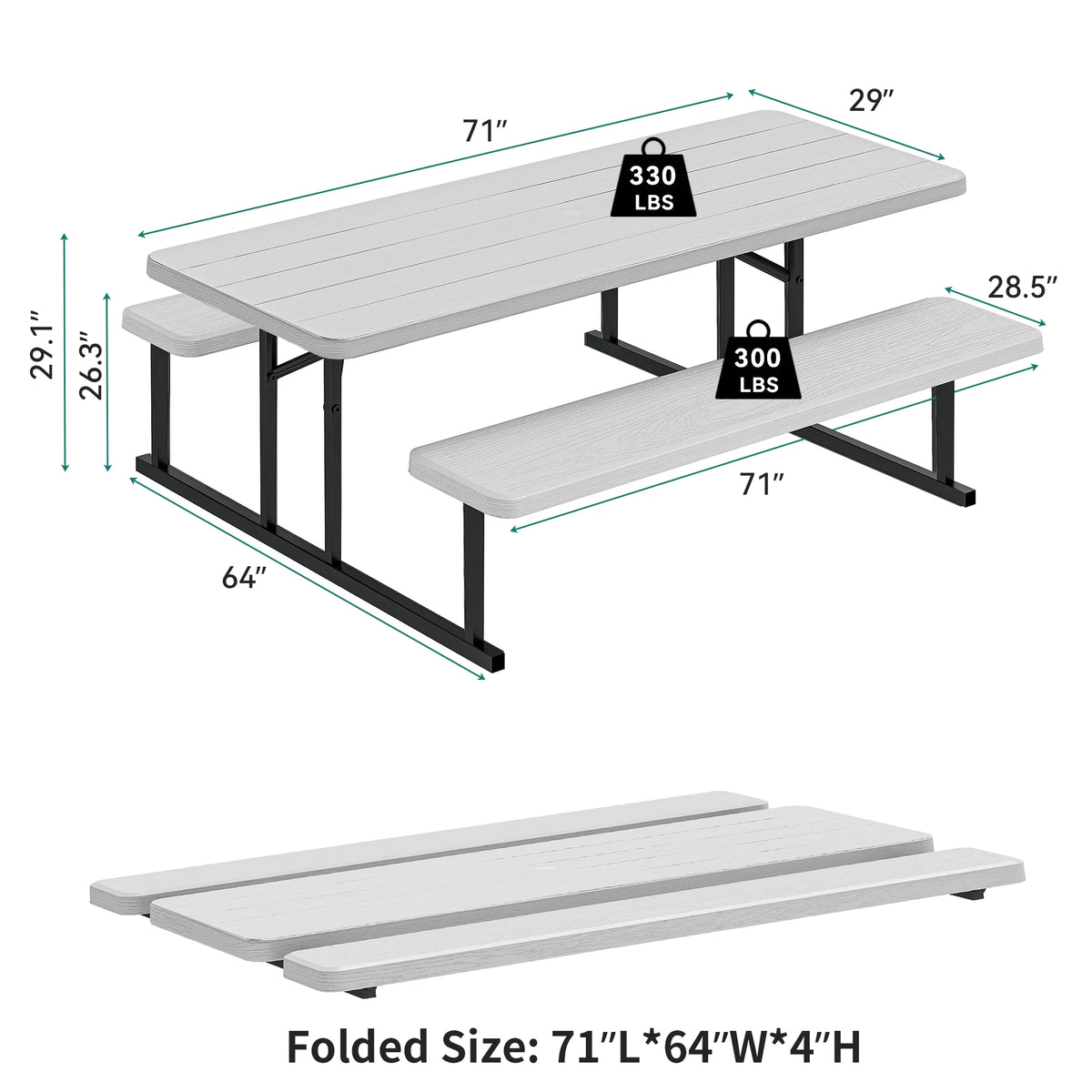 6ft Folding Picnic Table and Bench with Resin Tabletop Steel Frame White H9338