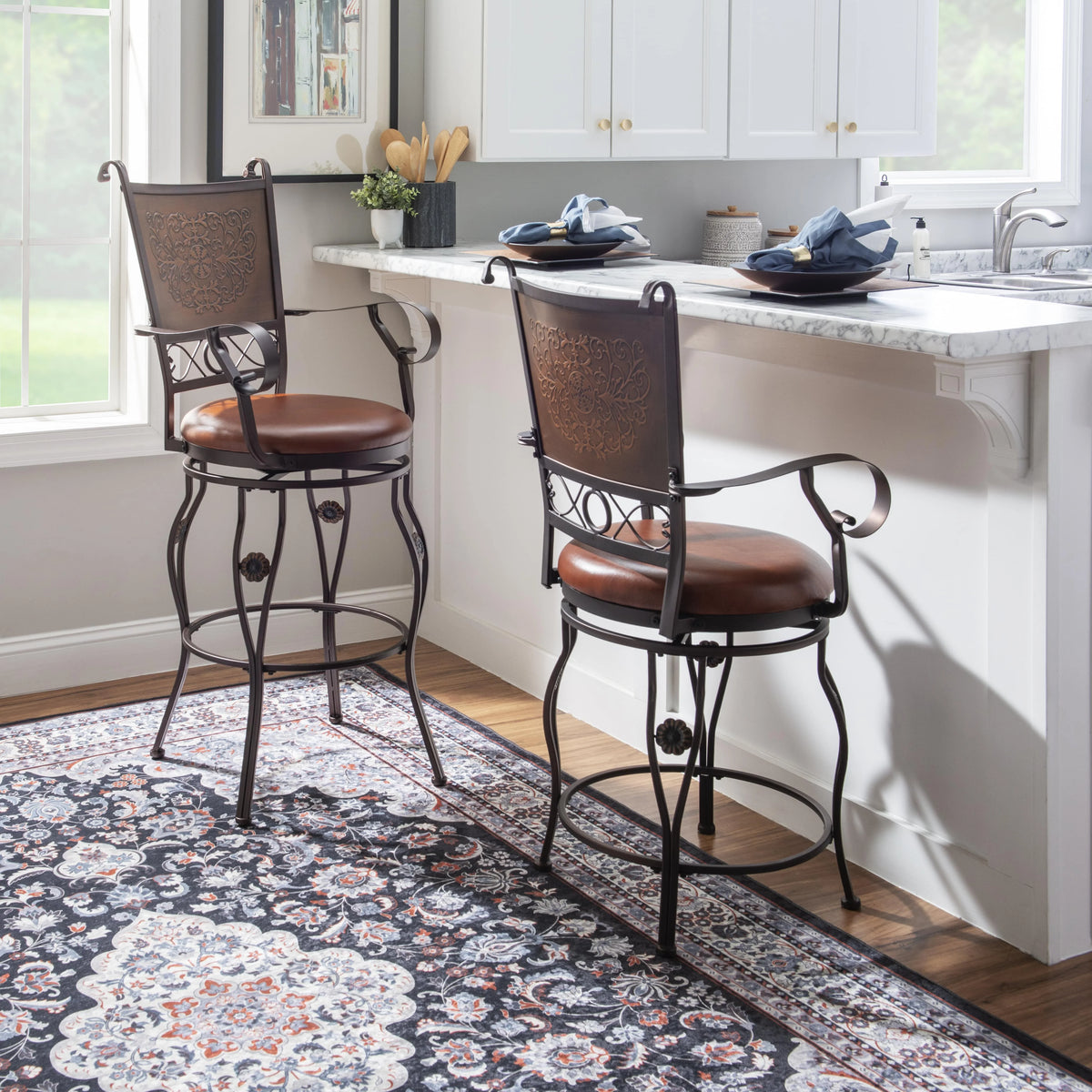 30" Metal Stamped Back Bar Stool with Swivel and Arms, Rich Bronze with Warm Rust Faux Leather S385