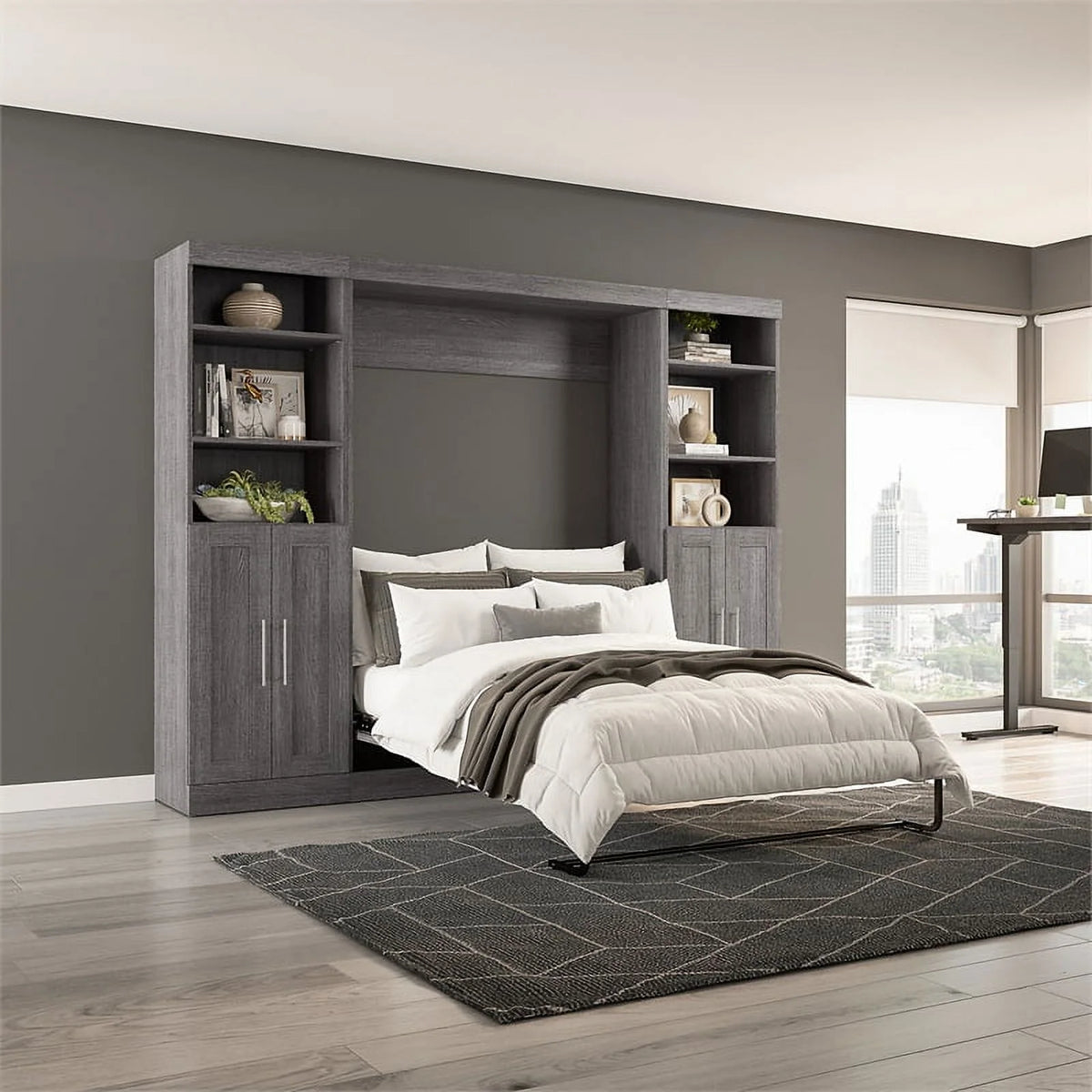 Bark Gray Full Murphy Bed with Closet Storage I917