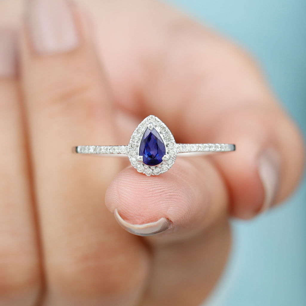 Pear Cut Blue Sapphire Teardrop Ring with Diamond Halo, 925 Sterling Silver, US 8.00 Q2463