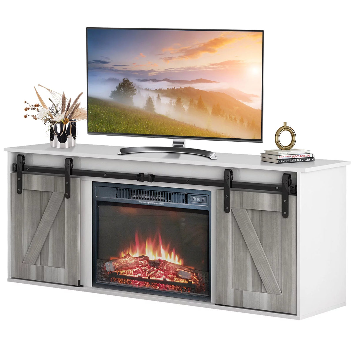 Farmhouse Sliding Barn Door Fireplace TV Stand L473344
