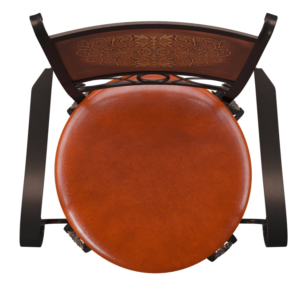 30" Metal Stamped Back Bar Stool with Swivel and Arms, Rich Bronze with Warm Rust Faux Leather S385