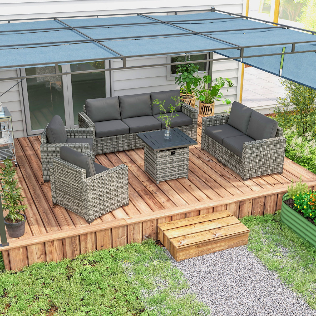 Gray Patio Furniture Set with Fire Pit Table H9677