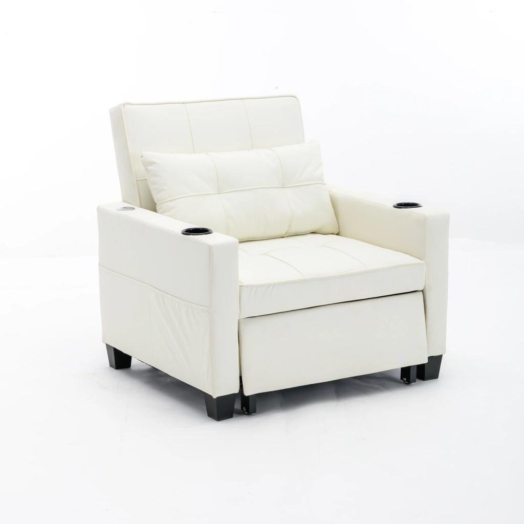 White Leather 3-In-1 Convertible Sleeper Chair Bed with USB Ports U163