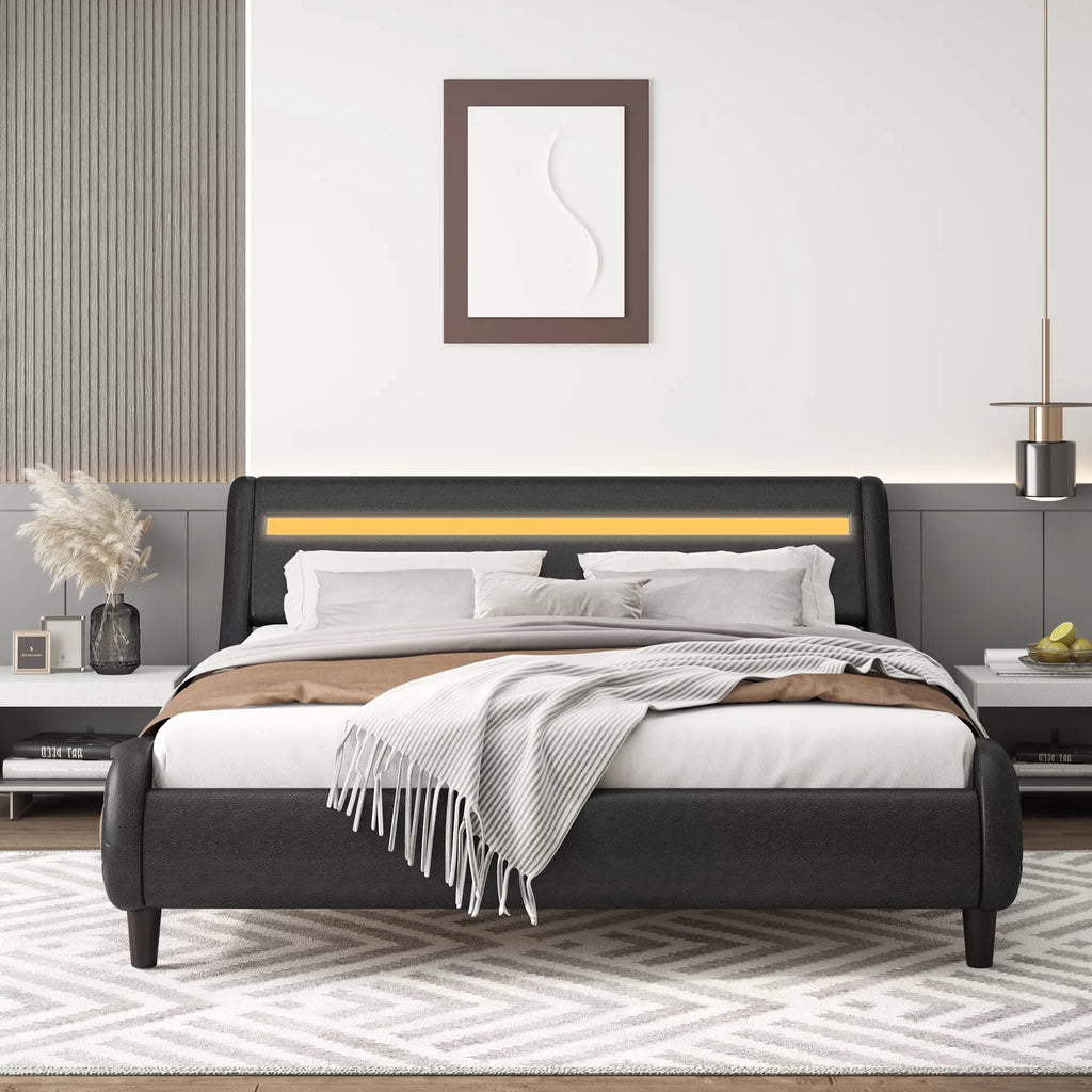 Full LED PU Upholstered Platform Bed with Adjustable Headboard A9977