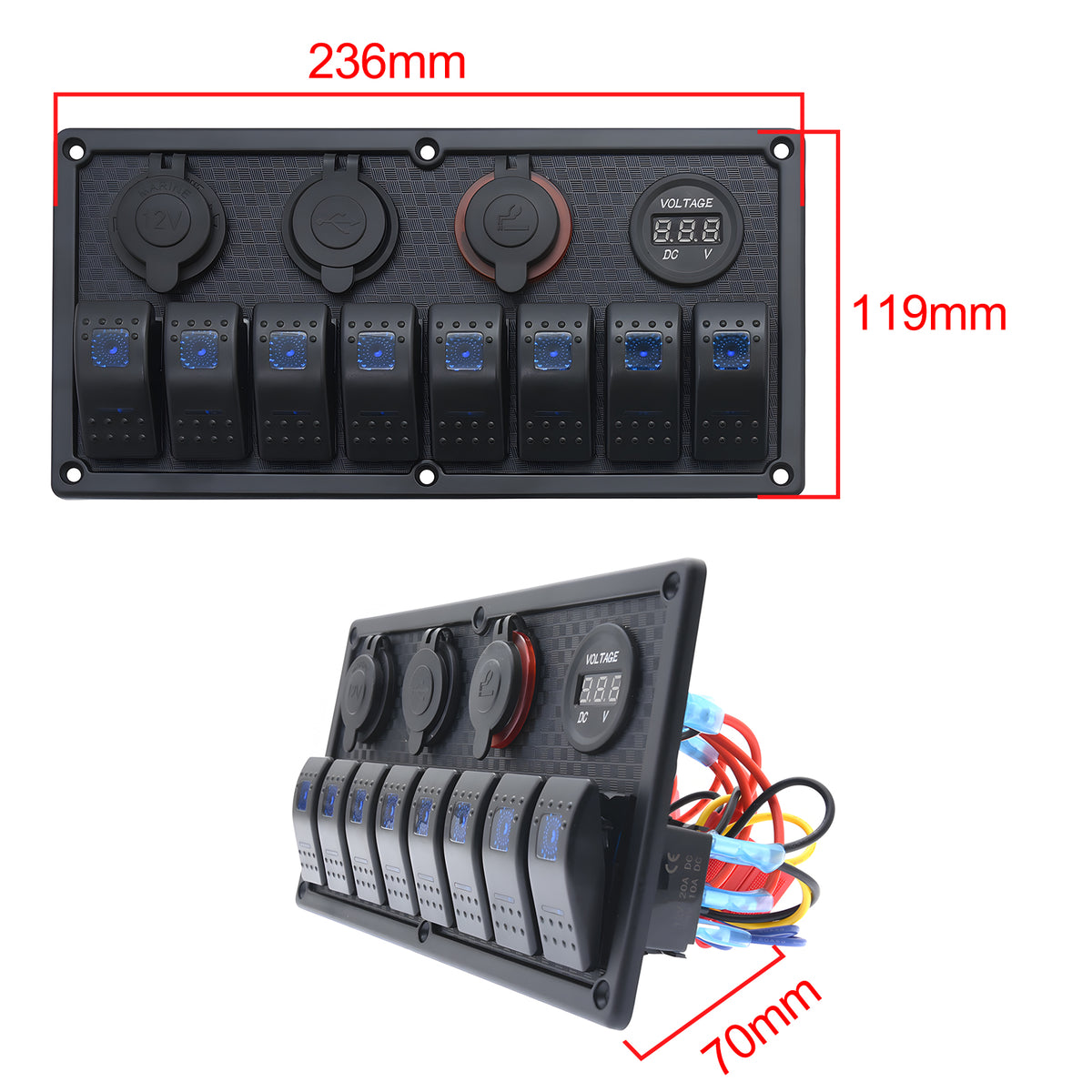 8 Gang Blue Backlit 12V Pre-wired Switch Panel with Dual USB Charger Digital Voltmeter Cigarette Lighter V4716