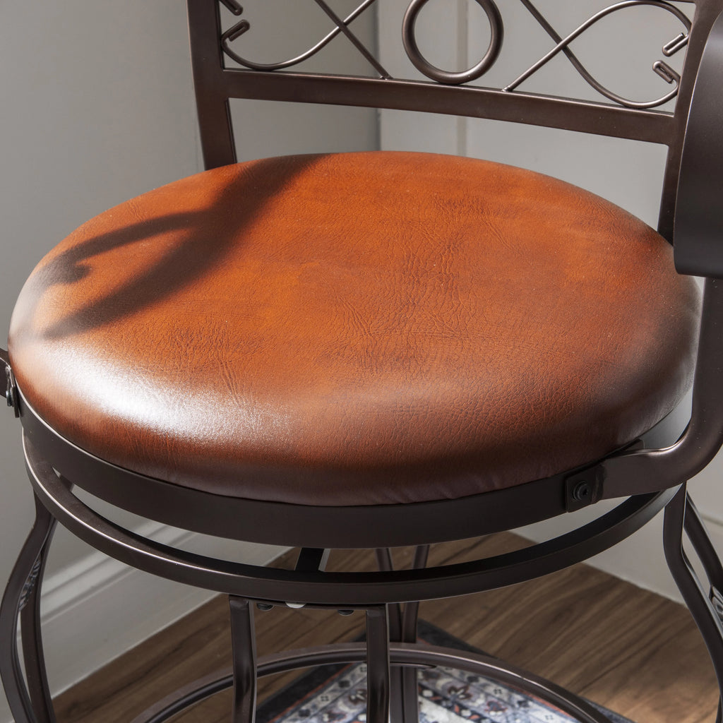 30" Metal Stamped Back Bar Stool with Swivel and Arms, Rich Bronze with Warm Rust Faux Leather S385