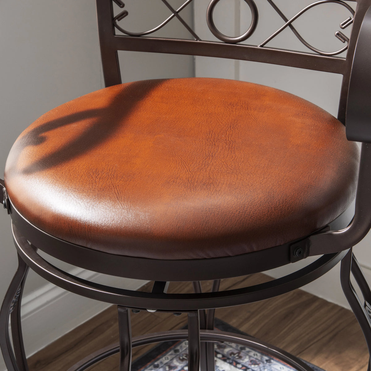 30" Metal Stamped Back Bar Stool with Swivel and Arms, Rich Bronze with Warm Rust Faux Leather S385