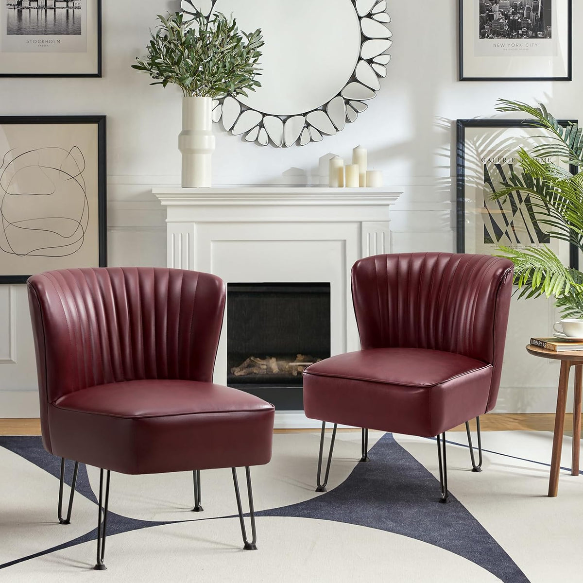 Burgundy Faux Leather Accent Chairs Set Of 2 With Metal Base A220112