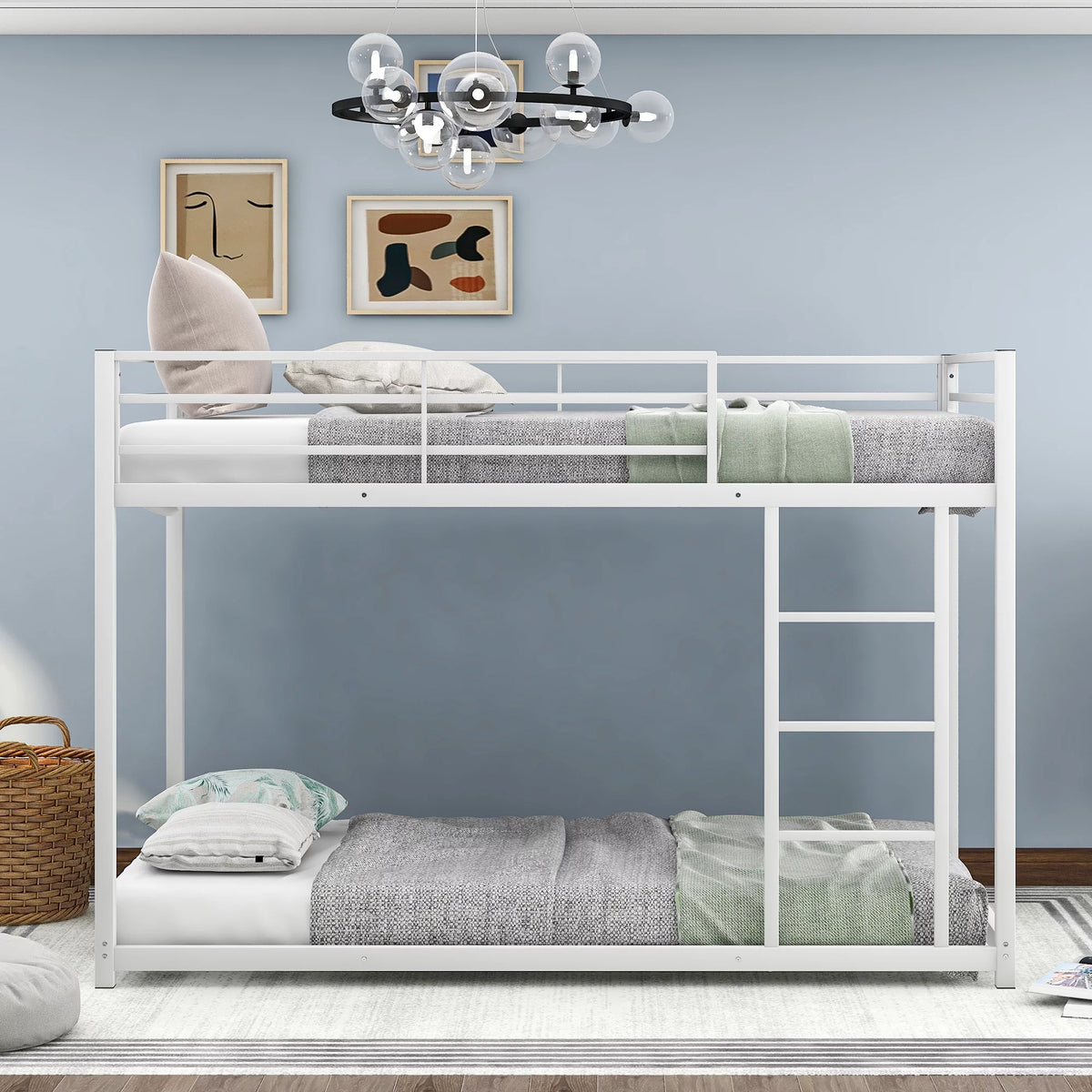 White Metal Twin over Twin Bunk Bed with Storage Shelf S6275