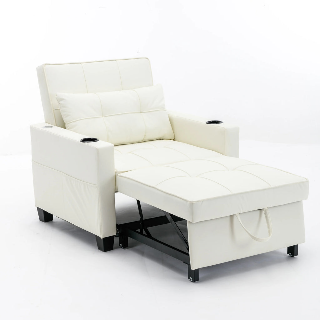 White Leather 3-In-1 Convertible Sleeper Chair Bed with USB Ports U163