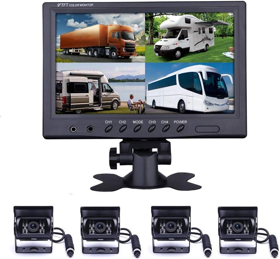 9'' Quad Split Screen HD Rear Backup Camera Monitor System, Waterproof IR Night Vision Backup Camera S3162