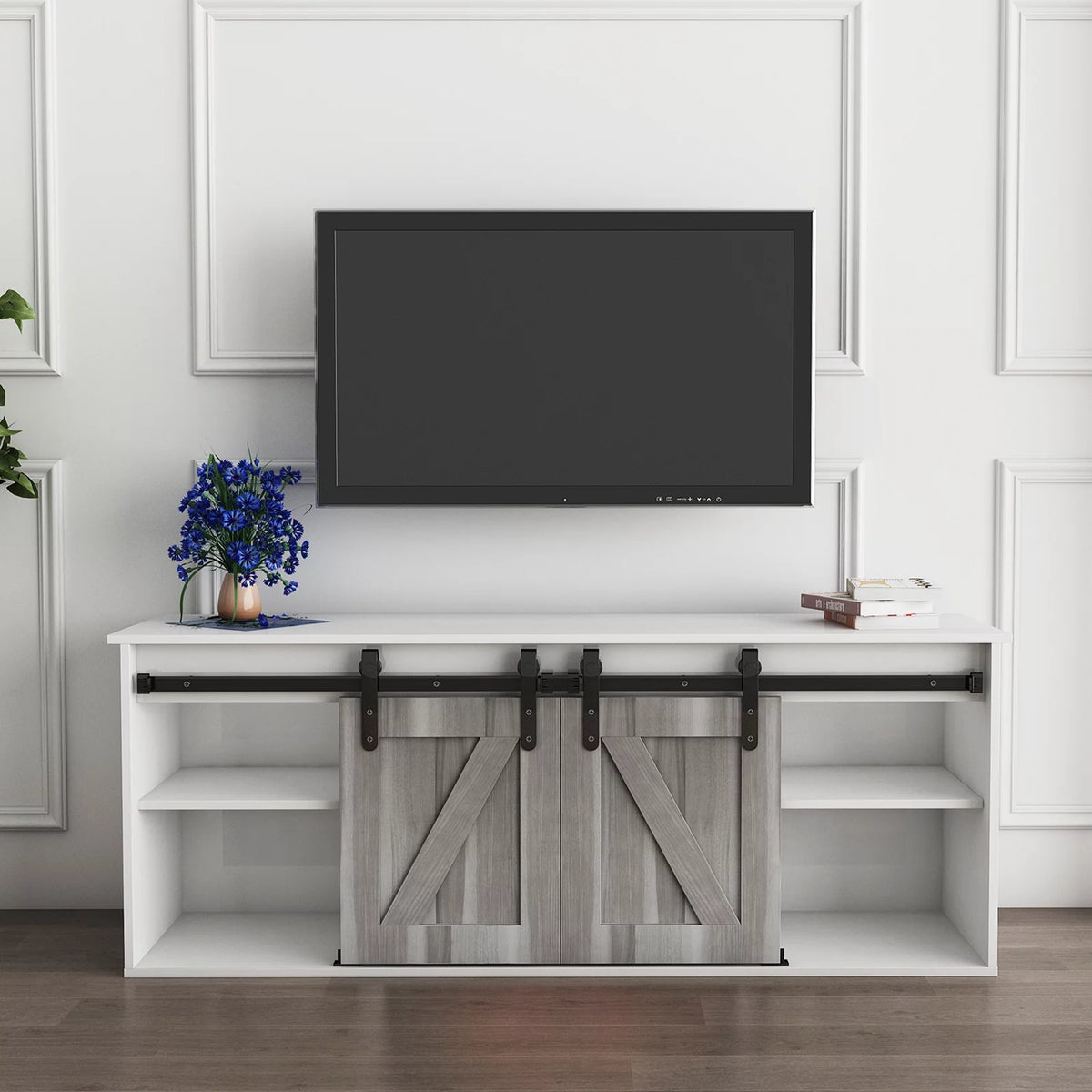 Farmhouse Sliding Barn Door Fireplace TV Stand L473344