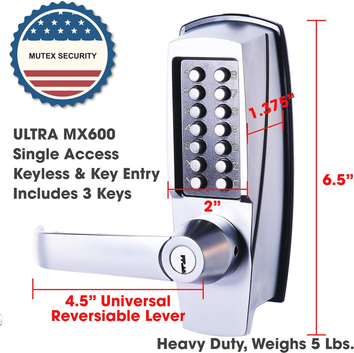 Mechanical Push Button Lever Lock, 60mm Backset, 13 Digit Keypad, Satin Chrome G61694