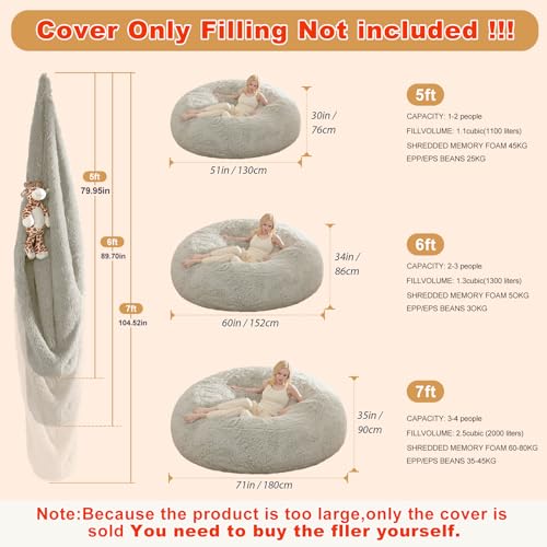 Waterproof Faux Fur 5FT Round Bean Bag Chair Cover with Pocket I303833