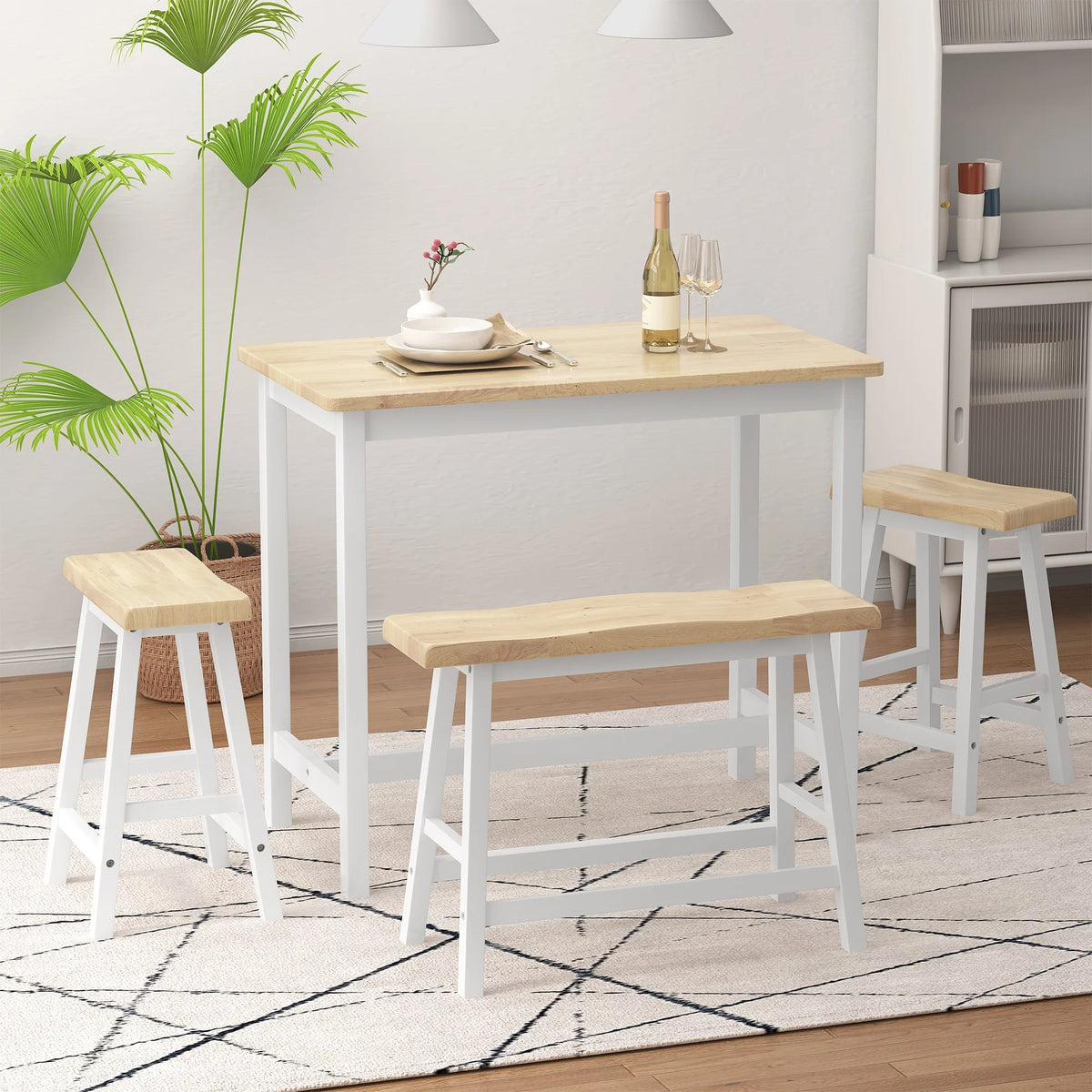 42" 4-Piece Wood Dining Table Set with Bench and 2 Stools H169
