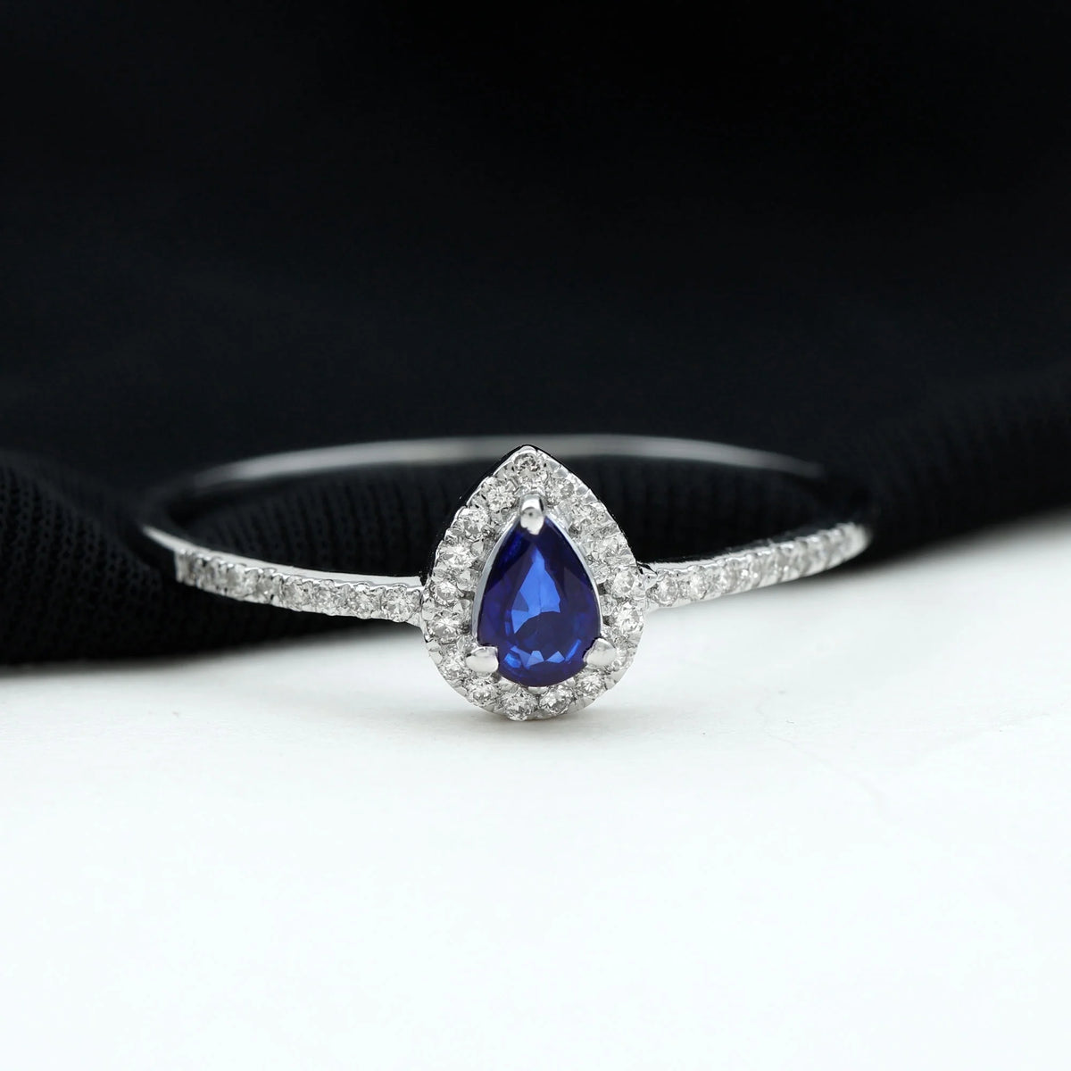 Pear Cut Blue Sapphire Teardrop Ring with Diamond Halo, 925 Sterling Silver, US 8.00 Q2463