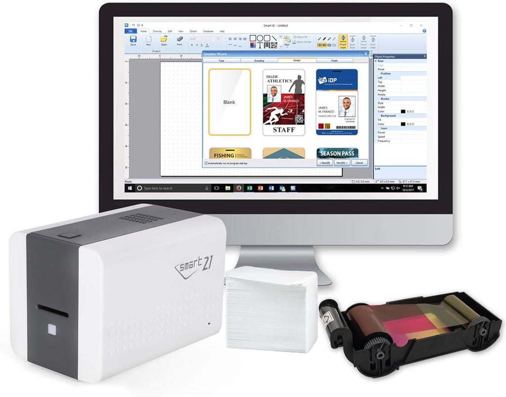ID Card Printer Bundle with 100-Print YMCKO Color Ribbon, 100 PVC Plastic Cards and USB Camera K9759