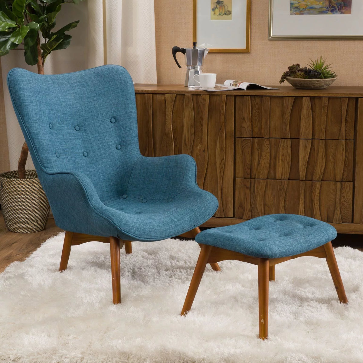Mid-Century Modern Wingback Fabric Chair and Ottoman Set A48408