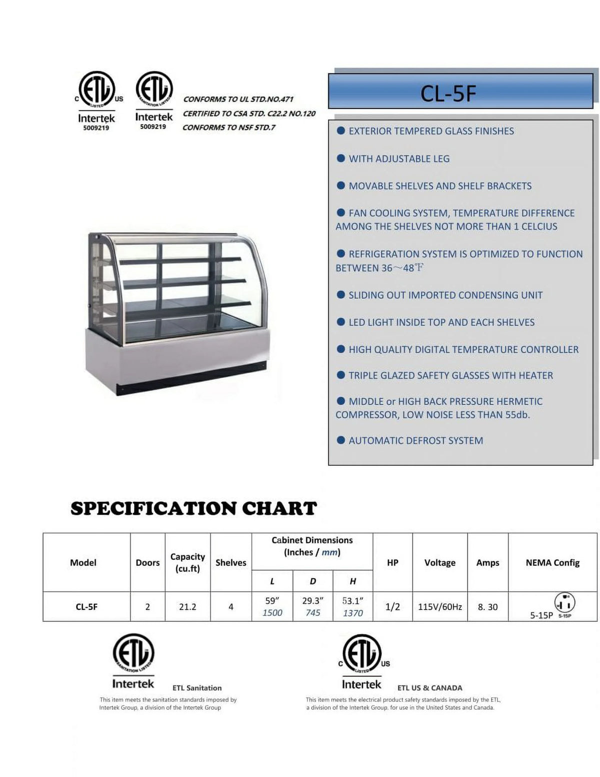 Commercial Refrigerated Bakery Display Cooler Case with Curve Glass M7878
