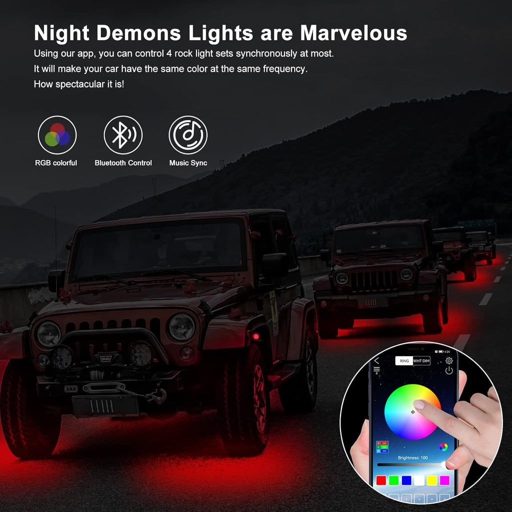 RGB LED Rock Lights 4 Pods Car Neon Underglow Kit Wheel Well Light Multicolor Waterproof Pack of 2 E2220
