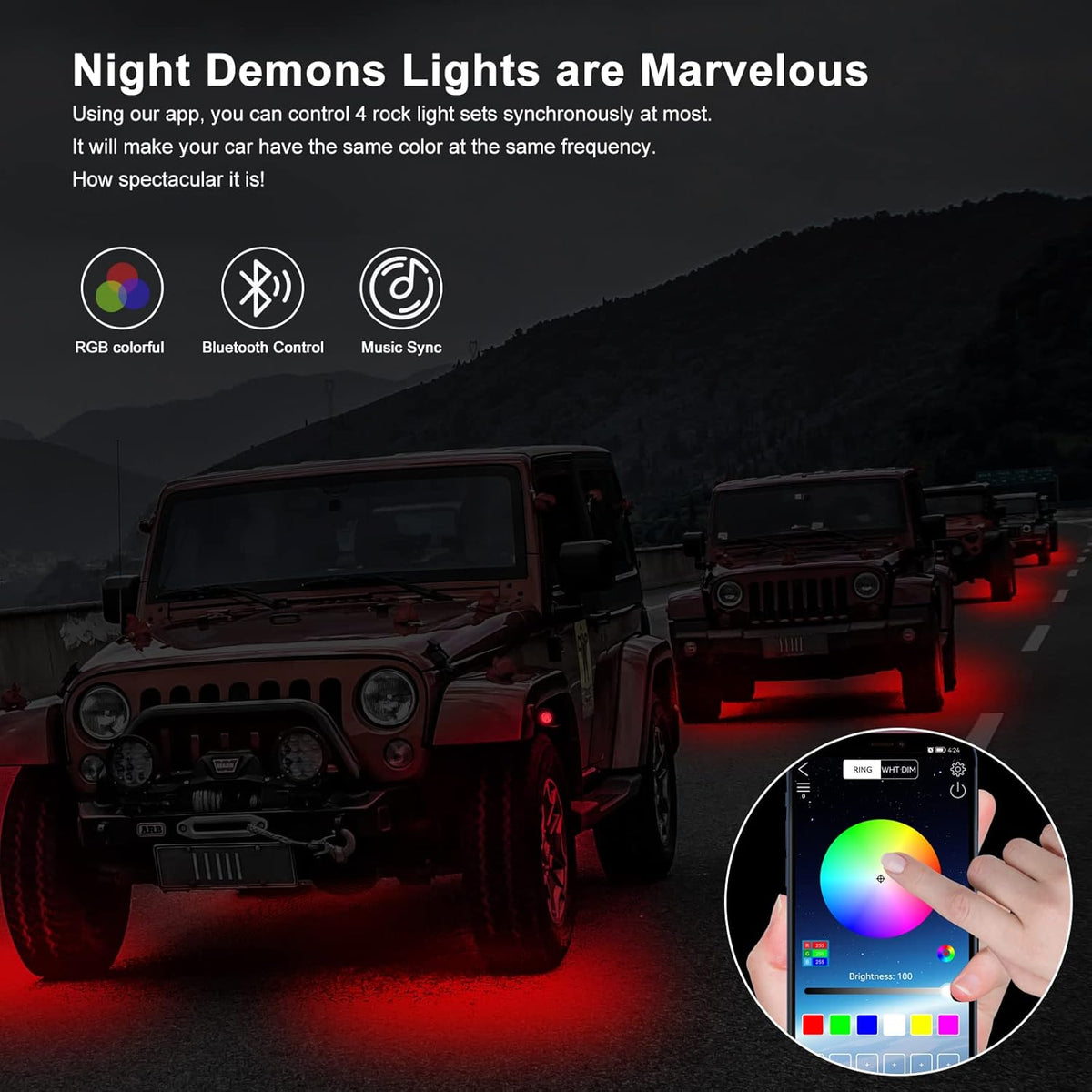 RGB LED Rock Lights 4 Pods Car Neon Underglow Kit Wheel Well Light Multicolor Waterproof Pack of 2 E2220