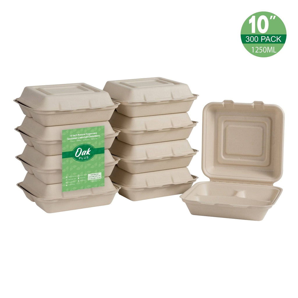 10 inch Natural Compostable Sugarcane Sectional Clamshell Containers, 300 Pack P24228