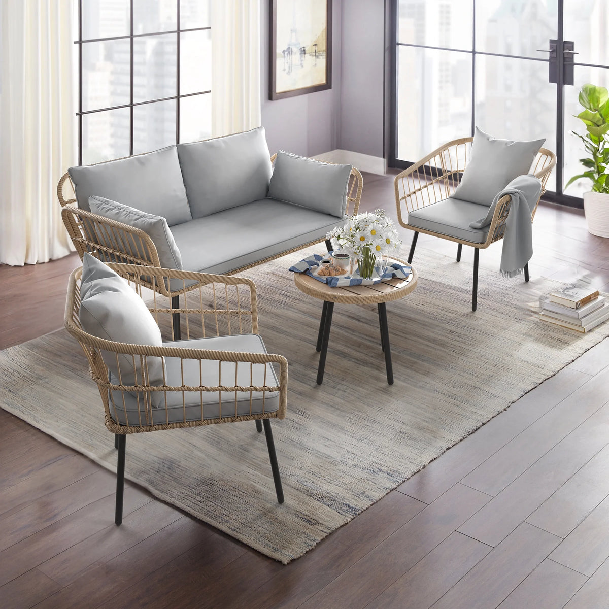 Gray 4 Piece Wicker Patio Furniture Set with Cushions G91669
