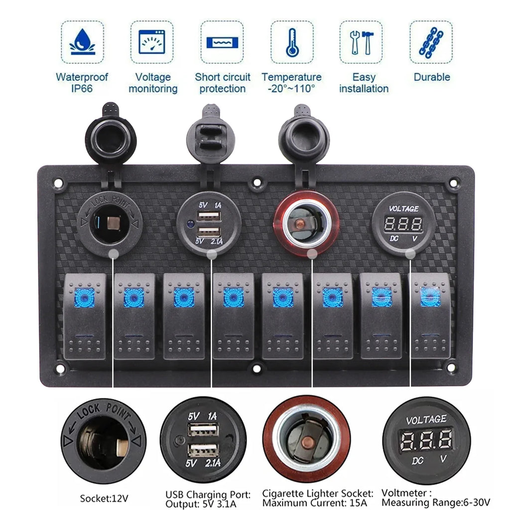 8 Gang Blue Backlit 12V Pre-wired Switch Panel with Dual USB Charger Digital Voltmeter Cigarette Lighter V4716