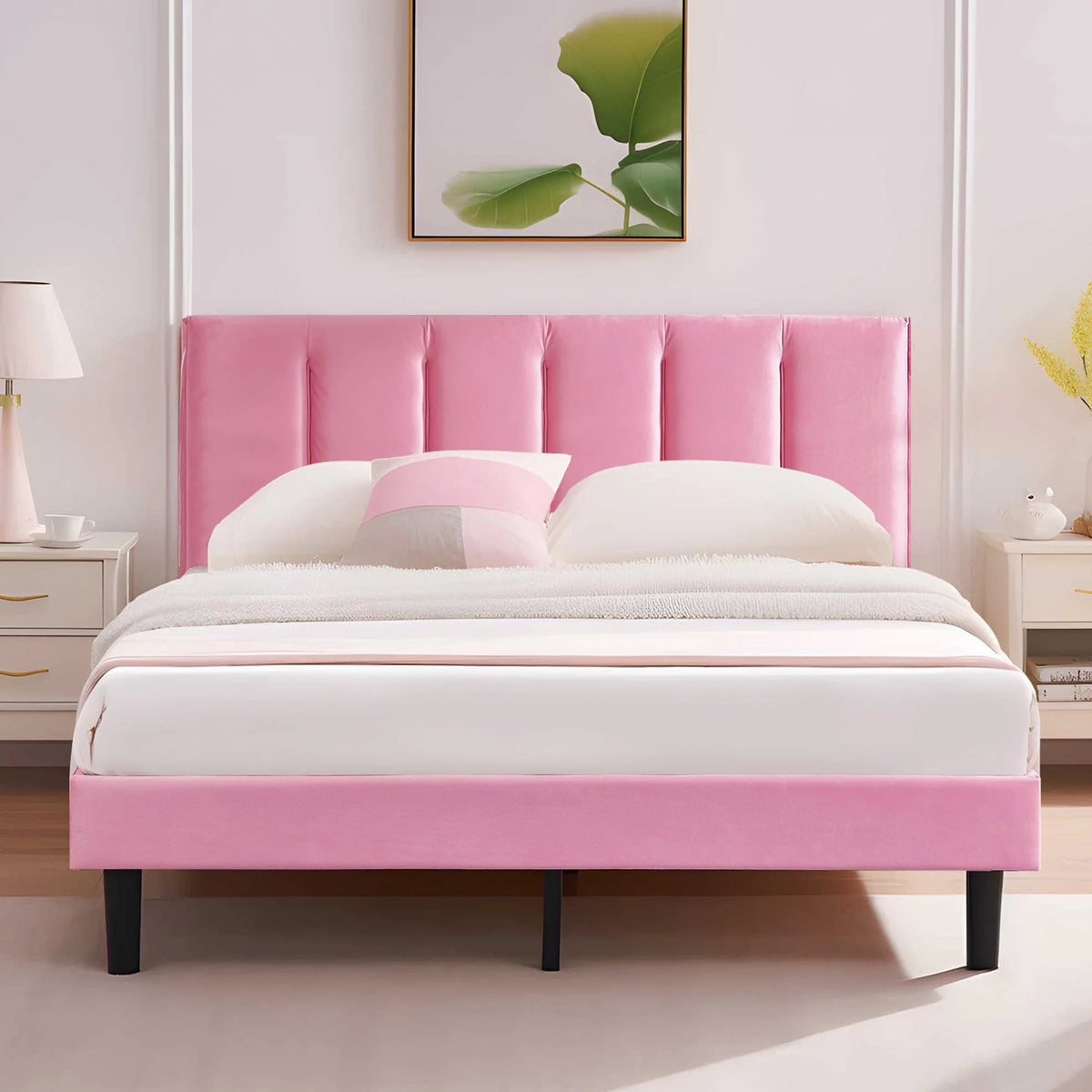 Queen Size Upholstered Platform Bed Frame with Adjustable Headboard O634946