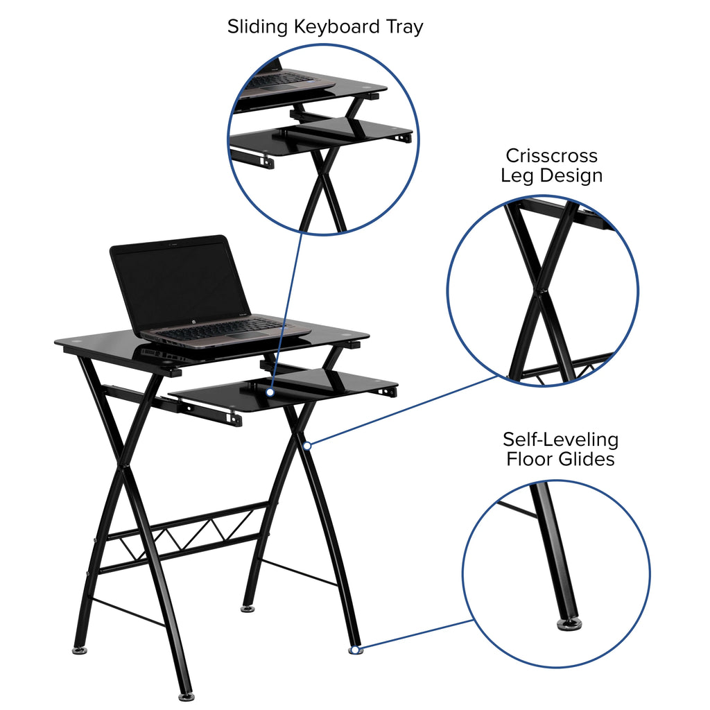 Black Tempered Glass Computer Desk with Keyboard Tray X385863