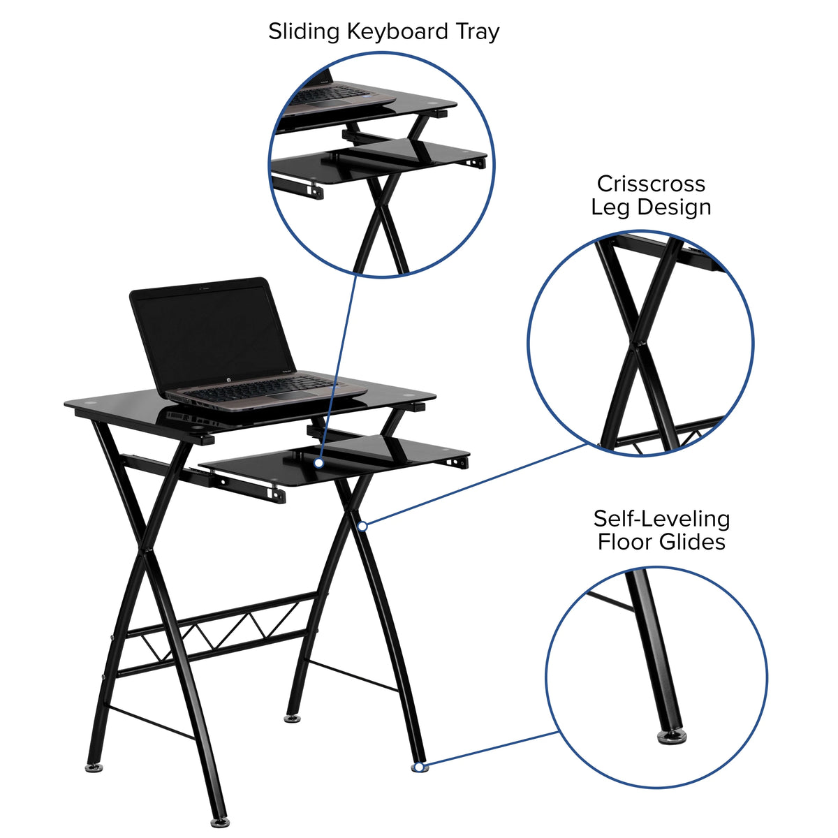 Black Tempered Glass Computer Desk with Keyboard Tray X385863