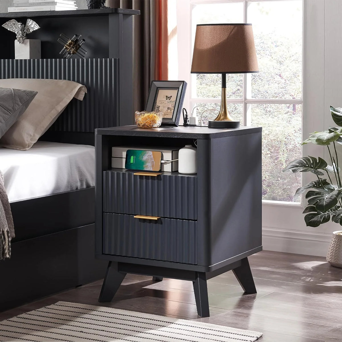 Mid-Century Modern Nightstand with Charging Station V4699