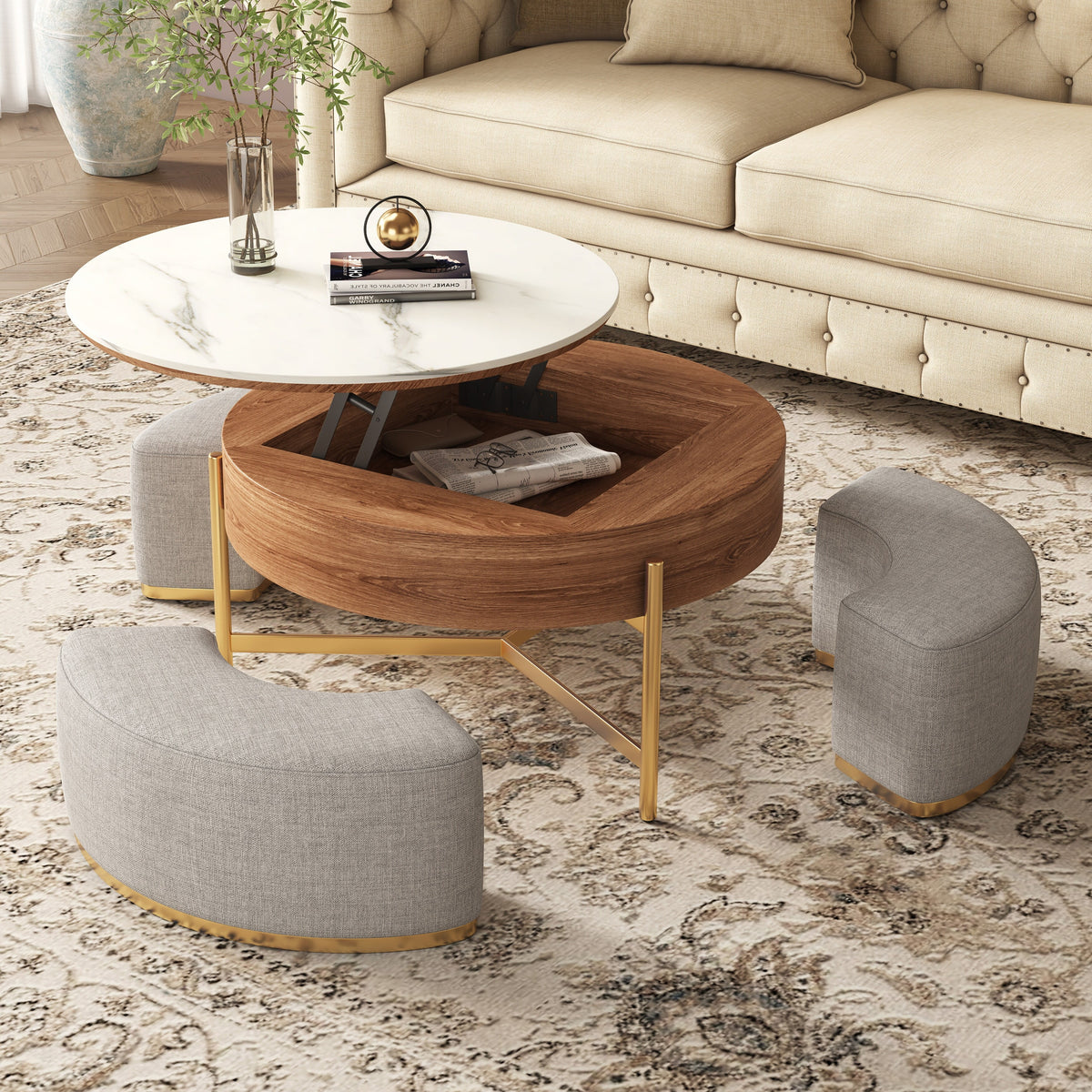 Lift Top Nesting Coffee Table with Storage and 3 Stools Z3965