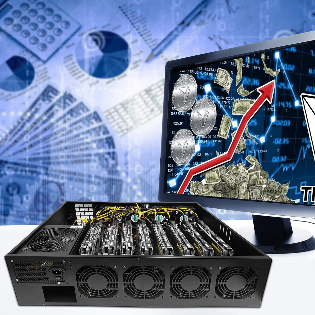 8 GPU Mining Rig Frame Case with 1800W/2800W Power Supply, Motherboard, CPU, RAM, SSD, 8 Adjustable Speed Fans N747810